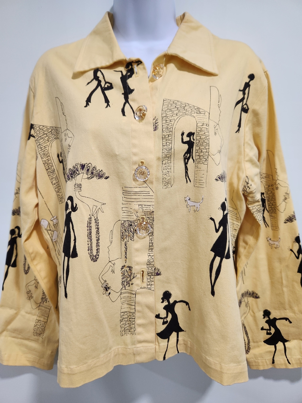 Vintage Yellow Button-Front Printed Women's Shirt Missing Bottom Button